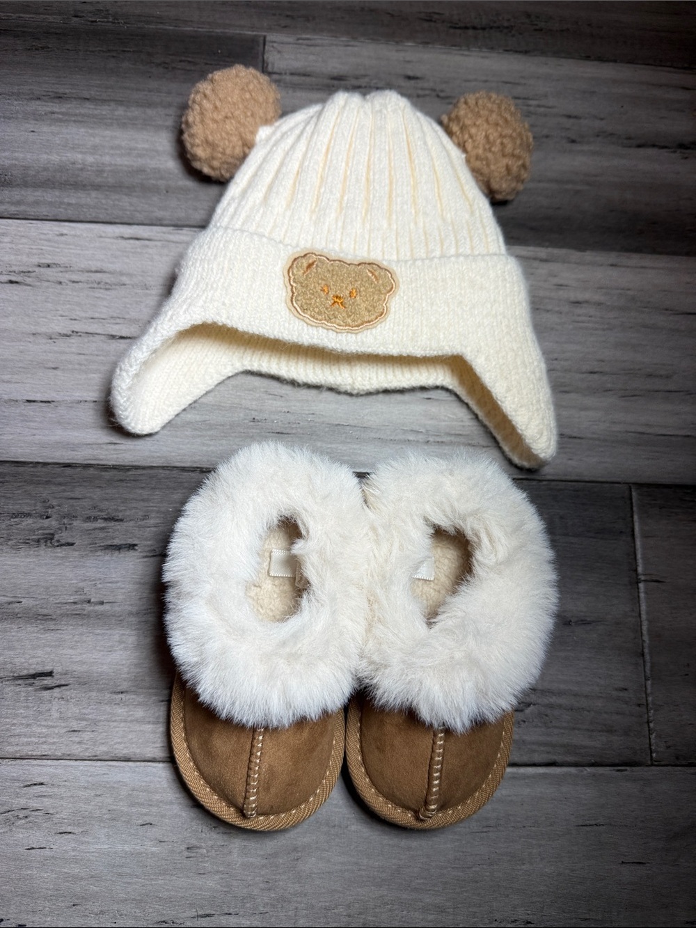 Kids Cream Bear Hat and Tan Fur-Lined Booties Set